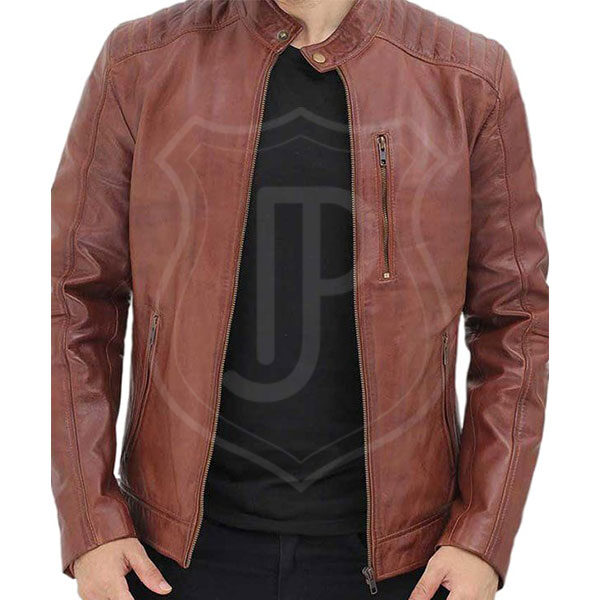 Men's Padded Brown Leather Biker Jacket