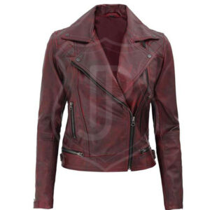 Women’s Red Distressed Leather Motorcycle Jacket