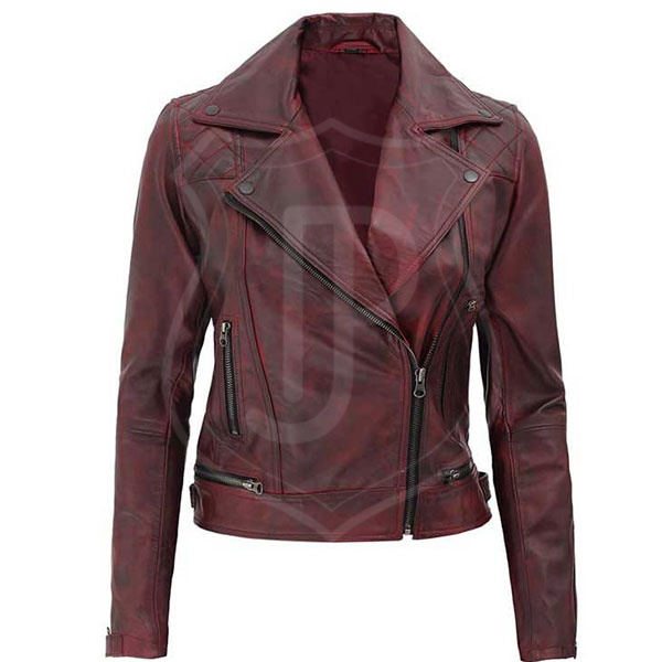 Women's Red Distressed Leather Motorcycle Jacket