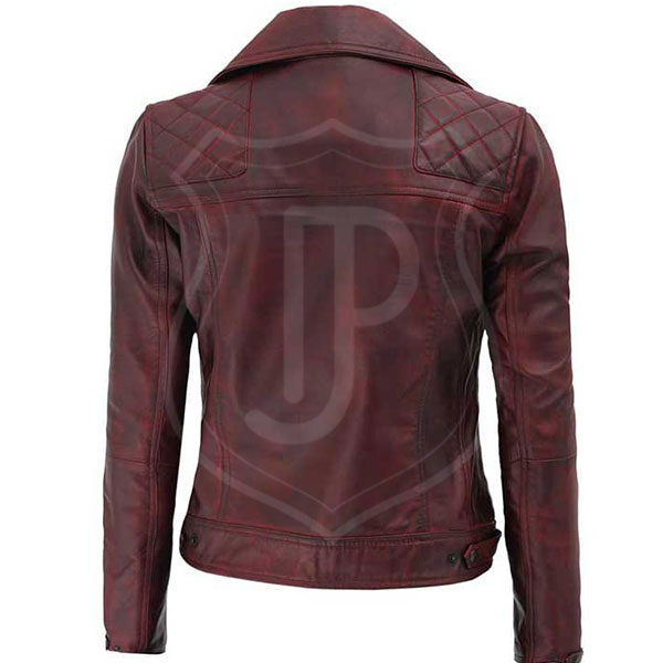 Womens Red Distressed Leather Motorcycle Jacket