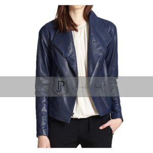 Women Asymmetrical Zipper Designer Scuba Blue Leather Jacket