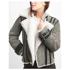 WOMEN’S SHEARLING GREY MOTORCYCLE LEATHER JACKET