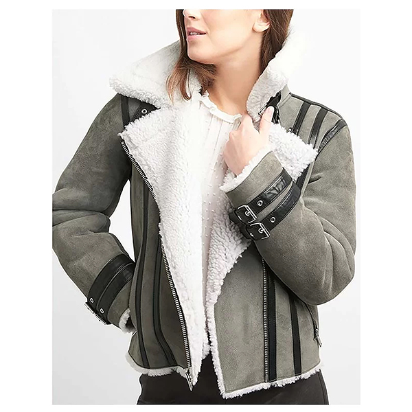 WOMEN'S SHEARLING GREY MOTORCYCLE LEATHER JACKET