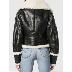 WOMEN’S BLACK LEATHER CROPPED WIDE SHEARLING COLLAR JACKET