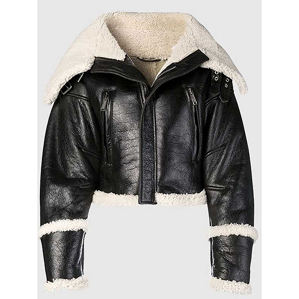 WOMEN'S BLACK LEATHER CROPPED WIDE SHEARLING COLLAR JACKET
