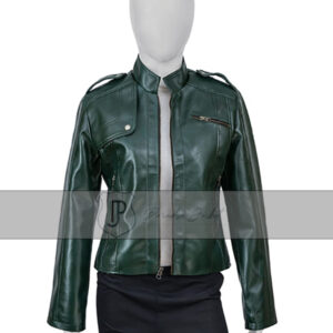 Women Green Faux Leather Moto Jacket