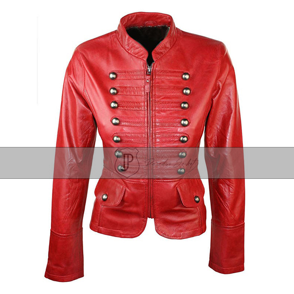 Women's Slim Fit Military Style Leather Jacket Red