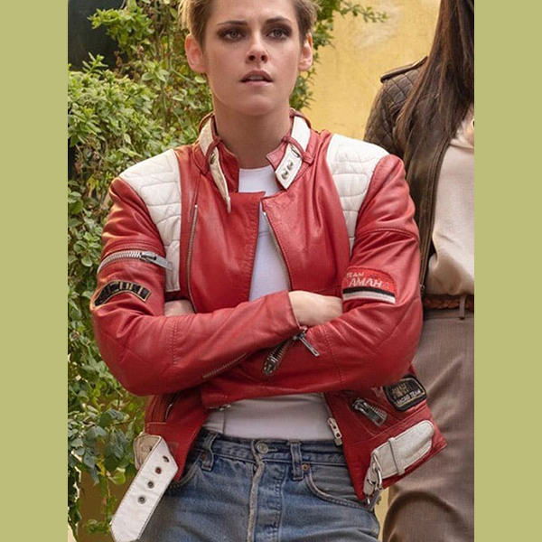 CHARLIE ANGLES KRISTEN STEWART LEATHER BOMBER JACKET RED AND WHITE