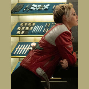 CHARLIE’s ANGLES KRISTEN STEWART LEATHER BOMBER JACKET RED AND WHITE
