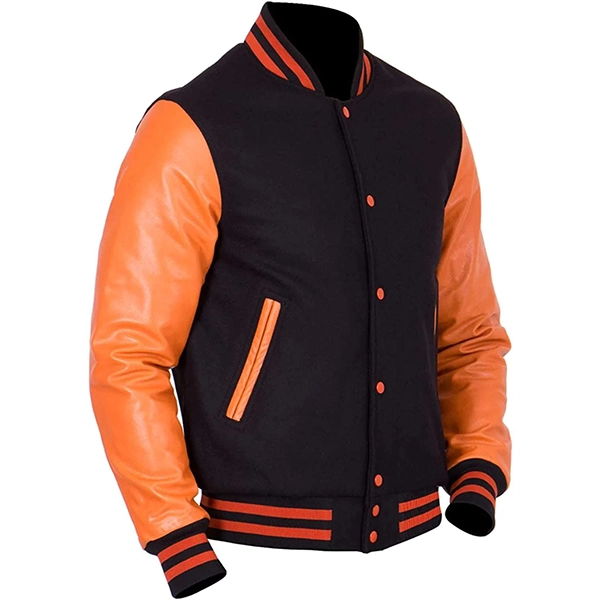 Men's Black and Orange Varsity Jacket - Baseball Style