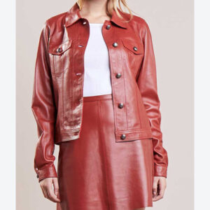 Women Buttoned Red Leather Jacket