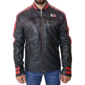 Men’s N7 Mass 3 Commander Shepard Black Biker Leather Jacket