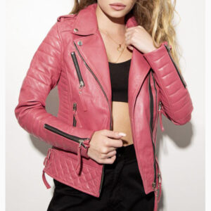 Womens Quilted Pink Leather Motorcycle Jacket