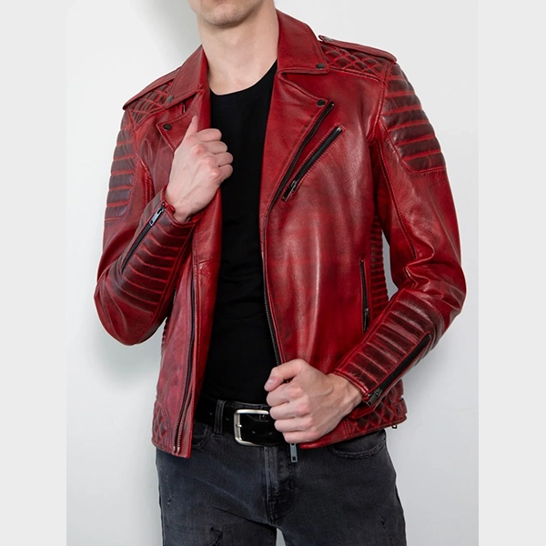 Motorcycle Quilted Red Leather Jacket 