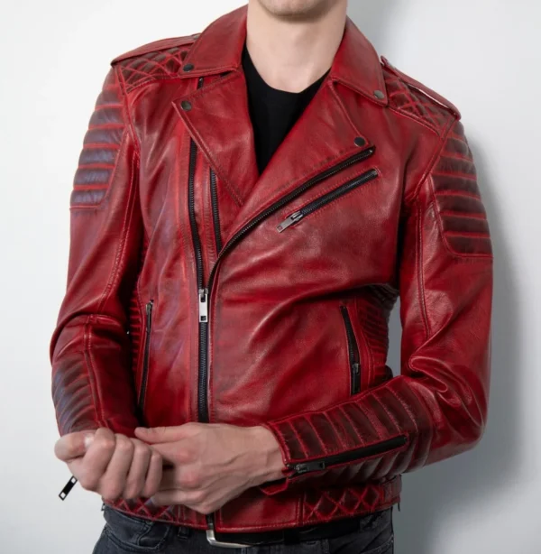 Motorcycle Quilted Red Leather Jacket 