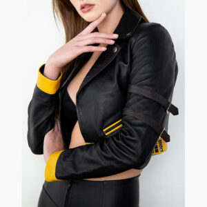 Womens Black And Yellow Cropped Leather Jacket