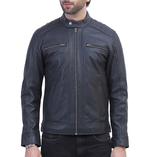 Mens Quilted Shoulder Black Leather Jacket