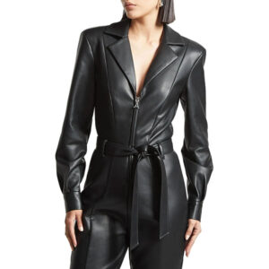 Genuine Black Leather Belted Jumpsuit