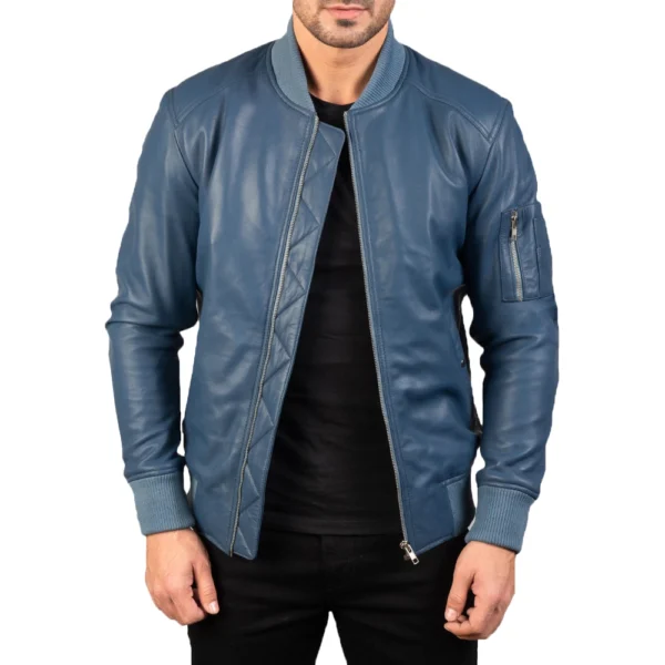 Mens Classical Blue Bomber Leather Jacket