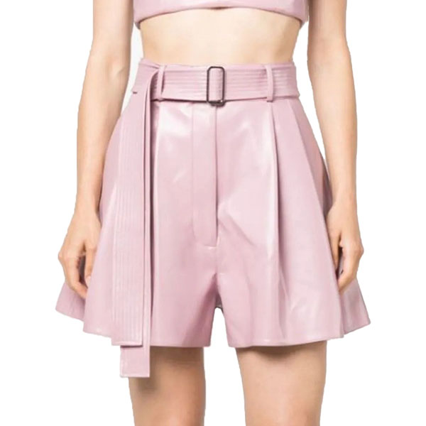 Pink Leather High Waisted Belted Shorts