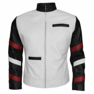 Men’s Vintage White Leather Jacket With Stripes