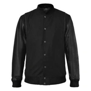 Mens Black Cotton Varsity Leather Jacket