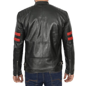 Mens Cafe Racer Black Leather Jacket with Red Stripes