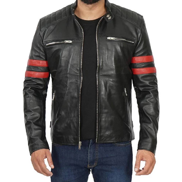 Mens Cafe Racer Black Leather Jacket with Red Stripes