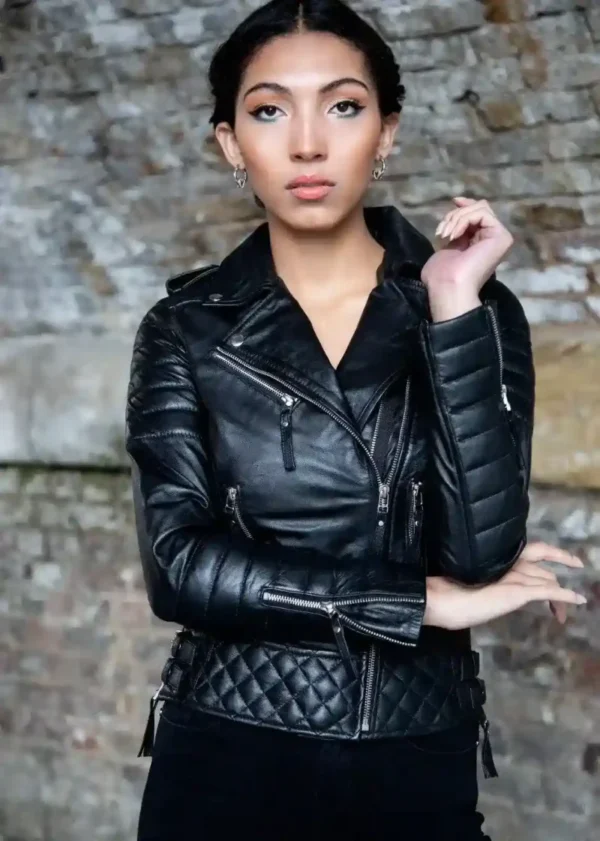 Womens Quilted Black Leather Motorcycle Jacket