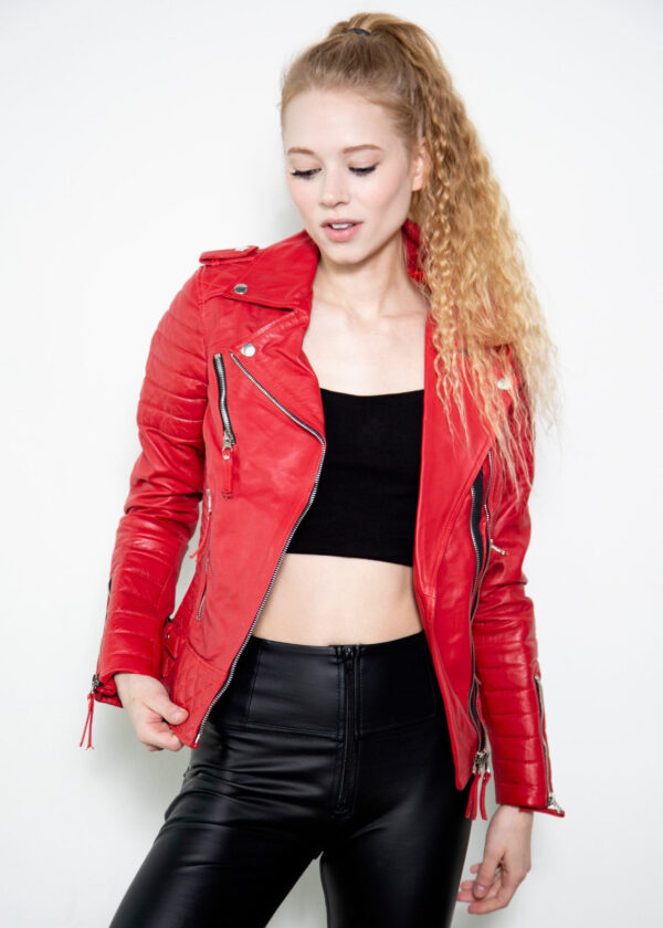 Womens Quilted Red Leather Motorcycle Jacket