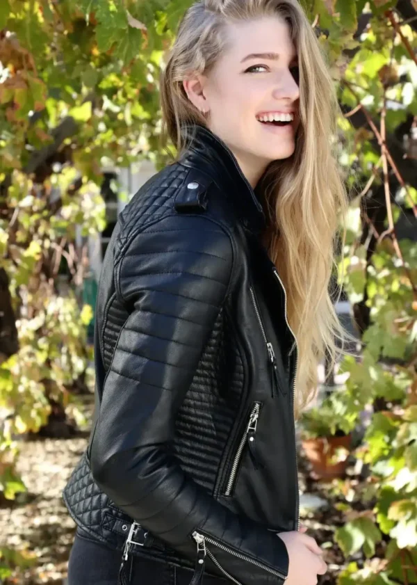 Womens Quilted Black Leather Motorcycle Jacket