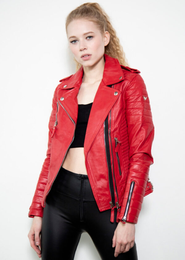 Womens Quilted Red Leather Motorcycle Jacket