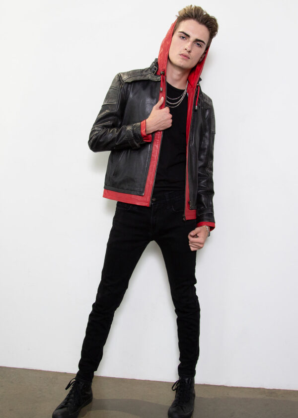 Mens Red Hooded Leather Jacket