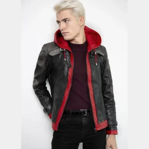 Mens Red Hooded Leather Jacket