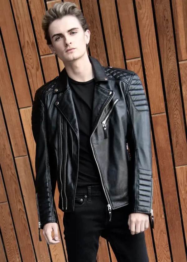 Mens Quilted Black Leather Motorcycle Jacket