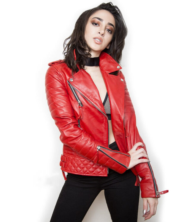 Womens Quilted Red Leather Motorcycle Jacket