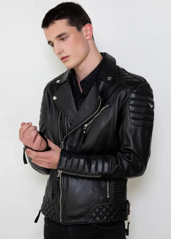 Mens Quilted Black Leather Motorcycle Jacket