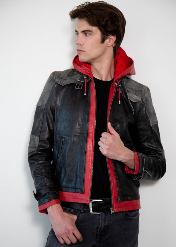 Mens Red Hooded Leather Jacket