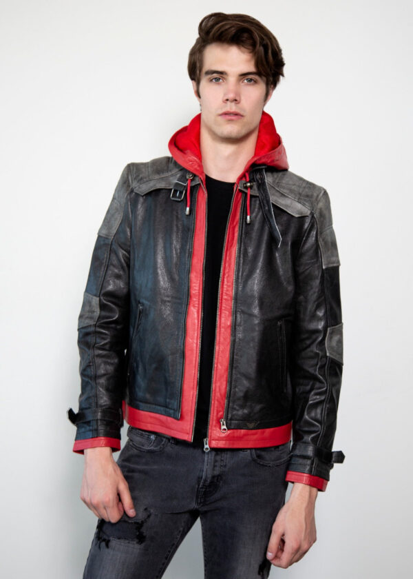 Mens Red Hooded Leather Jacket