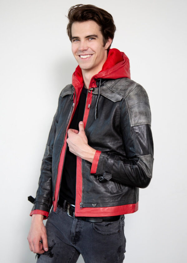 Mens Red Hooded Leather Jacket