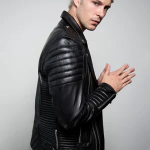 Mens Quilted Black Leather Motorcycle Jacket