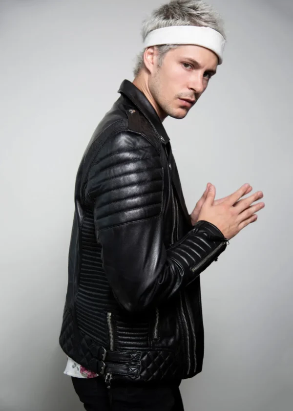 Mens Quilted Black Leather Motorcycle Jacket