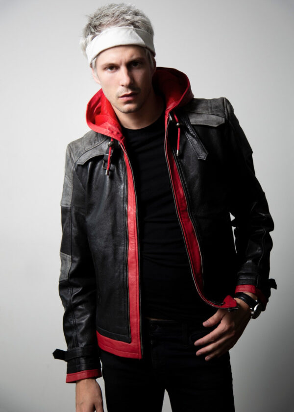 Mens Red Hooded Leather Jacket