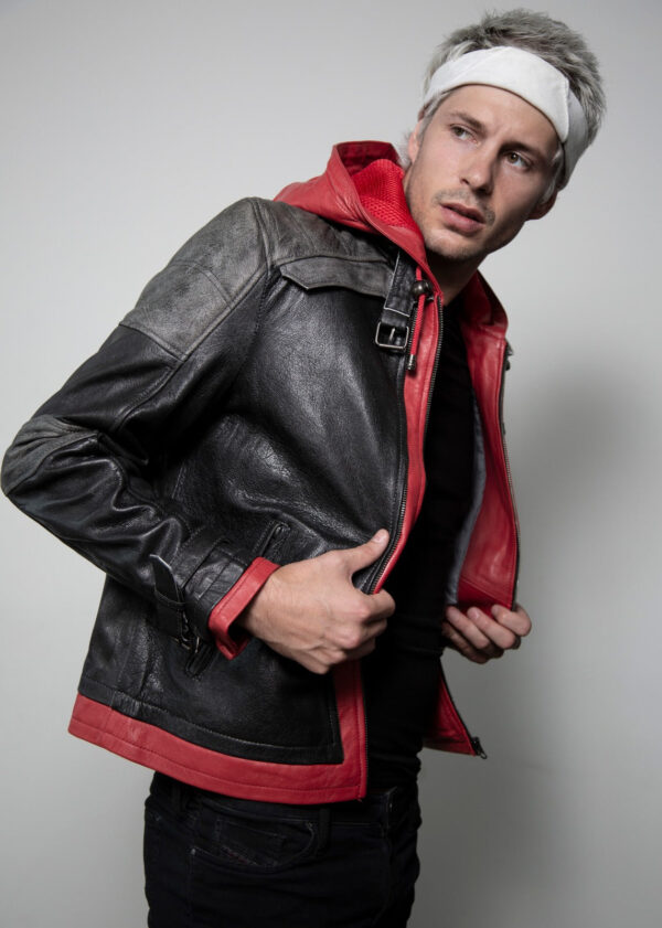 Mens Red Hooded Leather Jacket