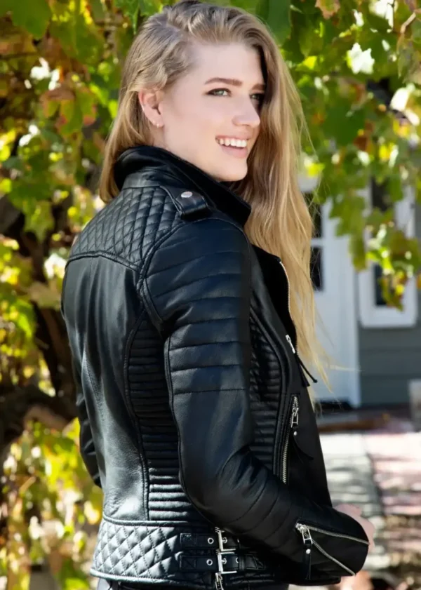 Womens Quilted Black Leather Motorcycle Jacket