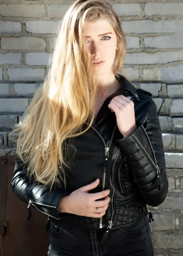 Womens Quilted Black Leather Motorcycle Jacket