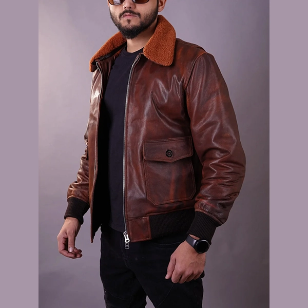 Men's Aviator Flight A-2 American Forces G1 Distressed Brown Bomber Leather Jacket