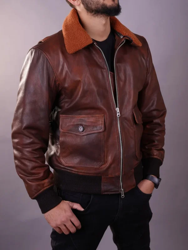 Men's Aviator Flight A-2 American Forces G1 Distressed Brown Bomber Leather Jacket