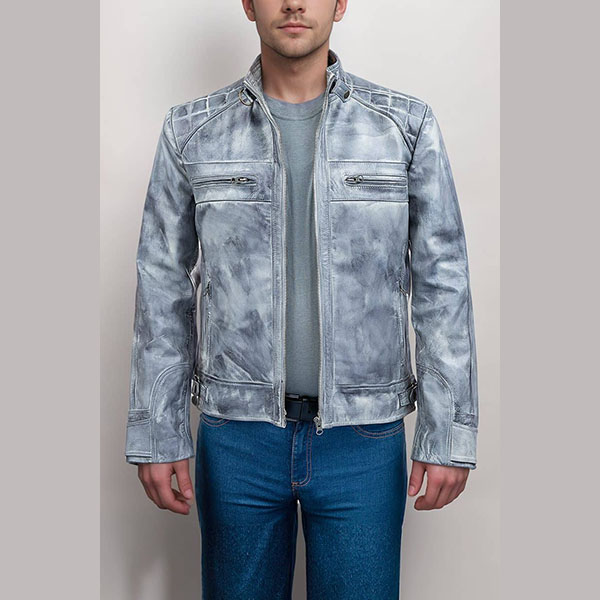 Mens Vintage Cafe Racer Retro Distressed Grey Jacket