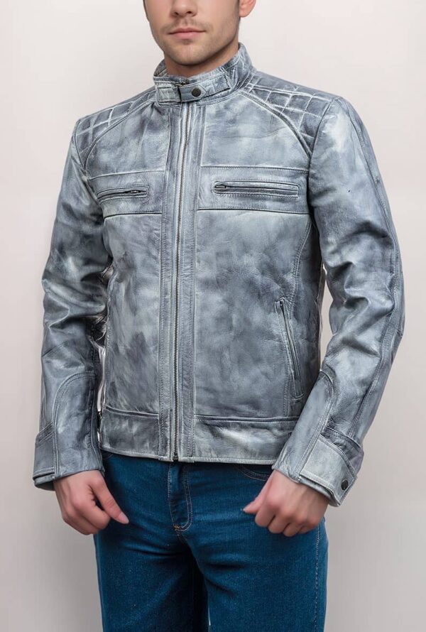 Mens Vintage Cafe Racer Retro Distressed Grey Jacket - Image 5